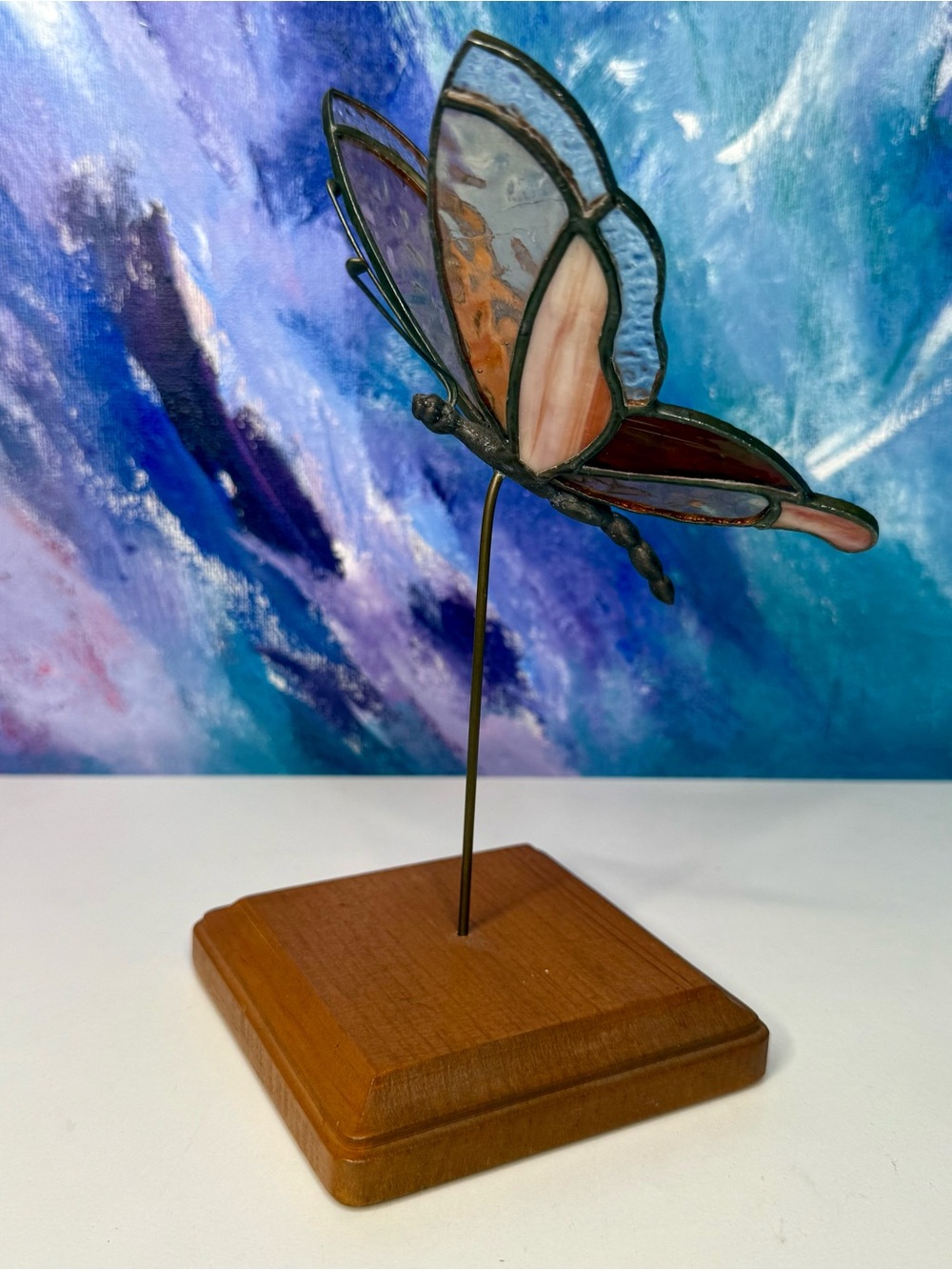 Stained Glass Butterfly on Stick Post w/ Wood Pedestal Base Vintage Cottagecore